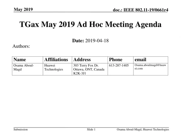 TGax May 2019 Ad Hoc Meeting Agenda
