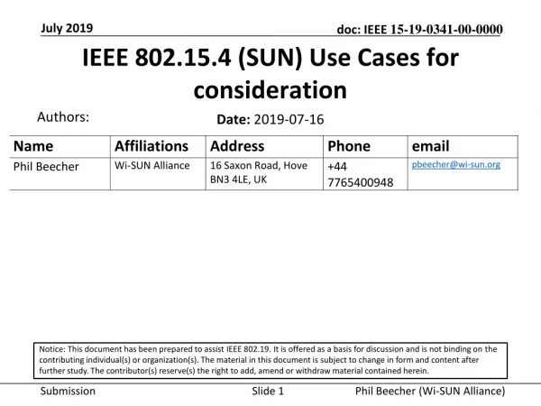 IEEE 802.15.4 (SUN) Use Cases for consideration