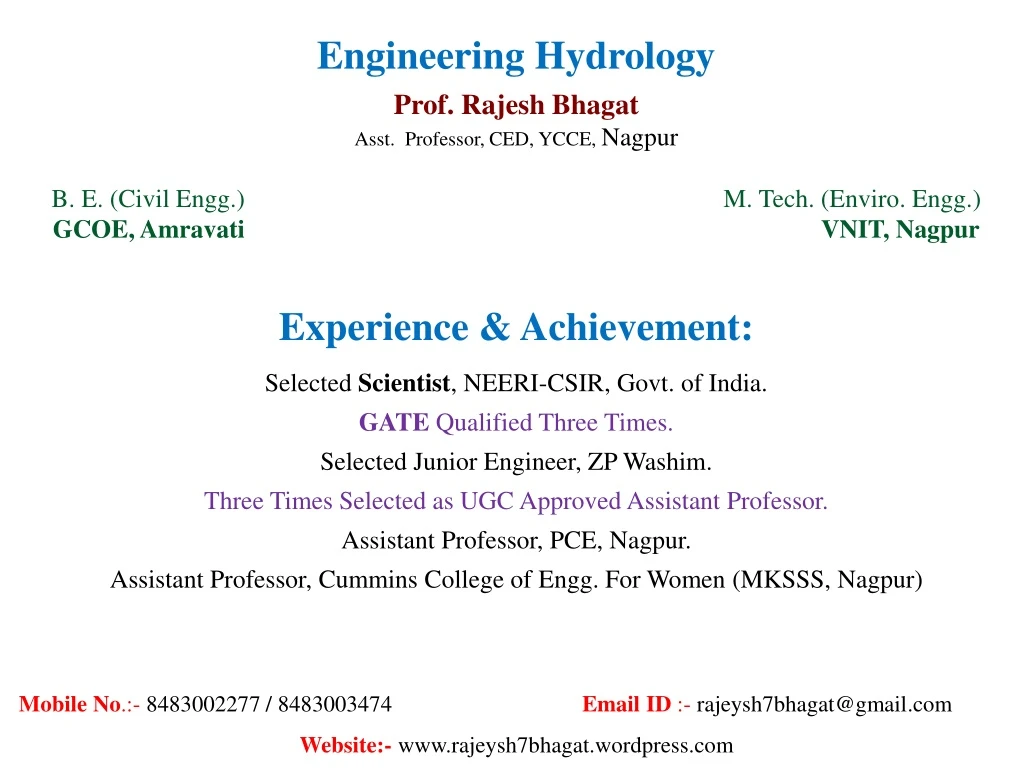 engineering hydrology prof rajesh bhagat asst