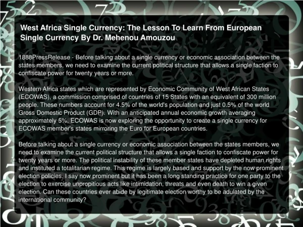 WEST AFRICA SINGLE CURRENCY LEARNING LESSON FROM THE EURO!