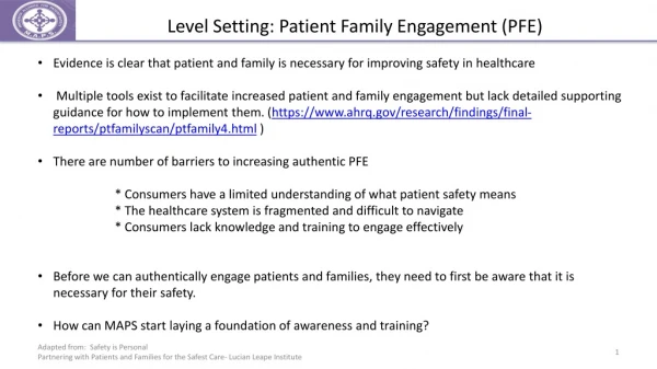 Level Setting: Patient Family Engagement (PFE)