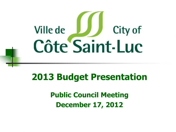 2013 Budget Presentation Public Council Meeting December 17, 2012