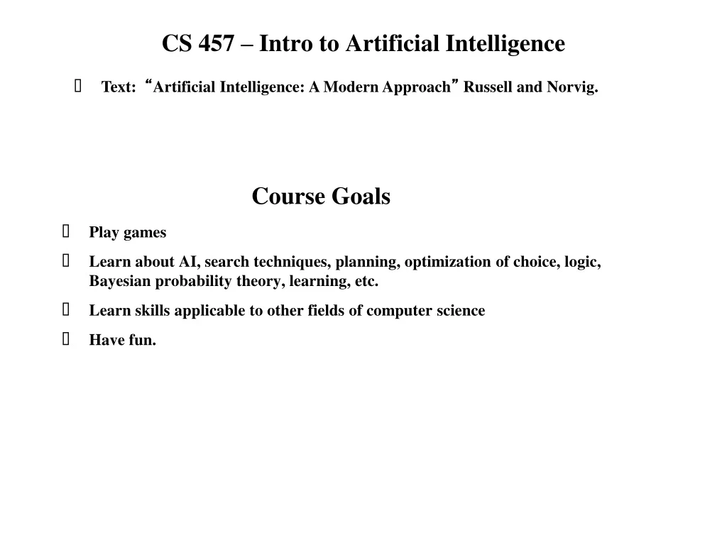 cs 457 intro to artificial intelligence