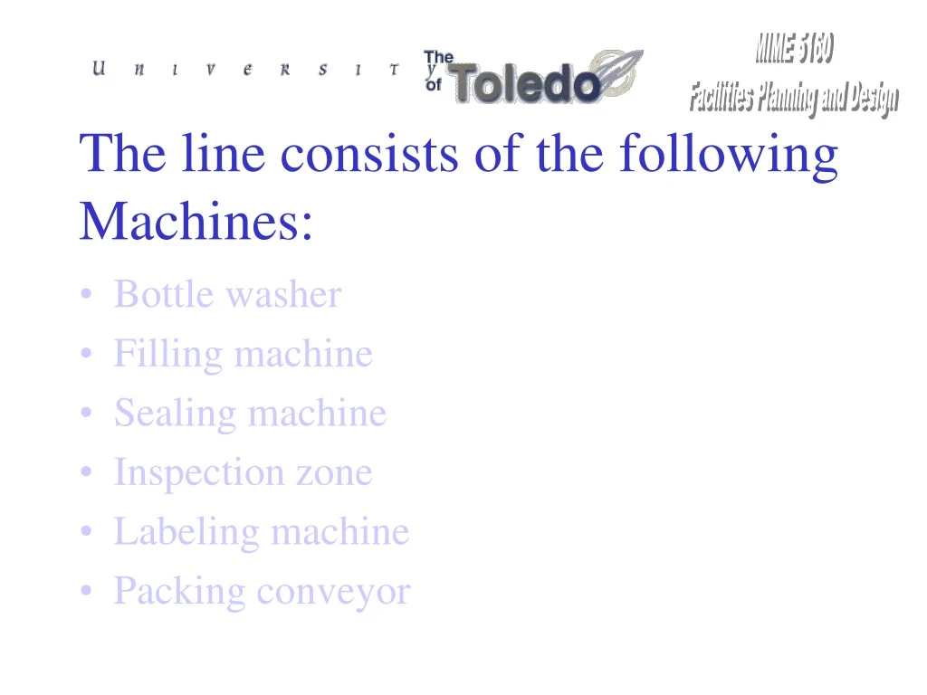 the line consists of the following machines