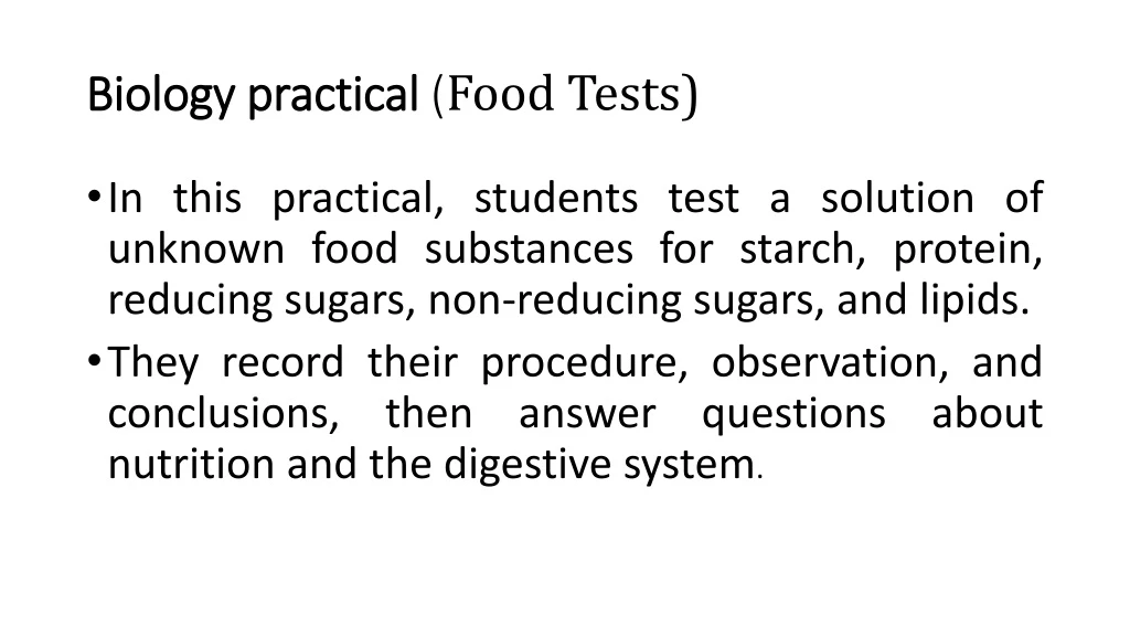 biology practical food tests