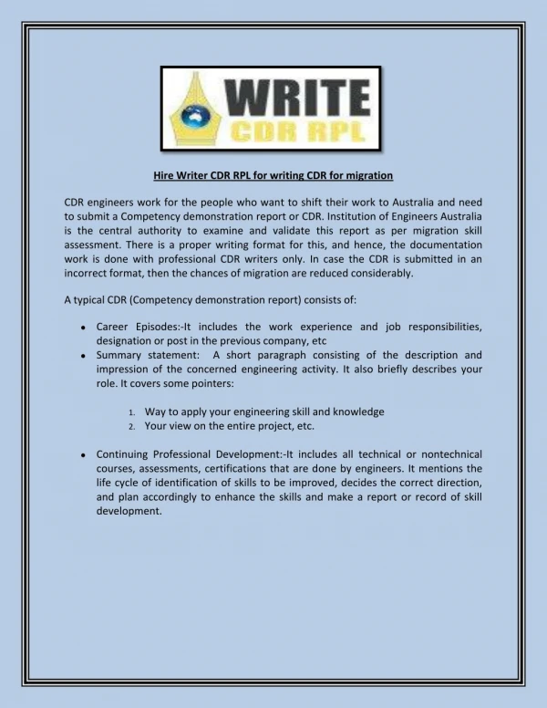 hire writer cdr rpl for writing cdr for migration