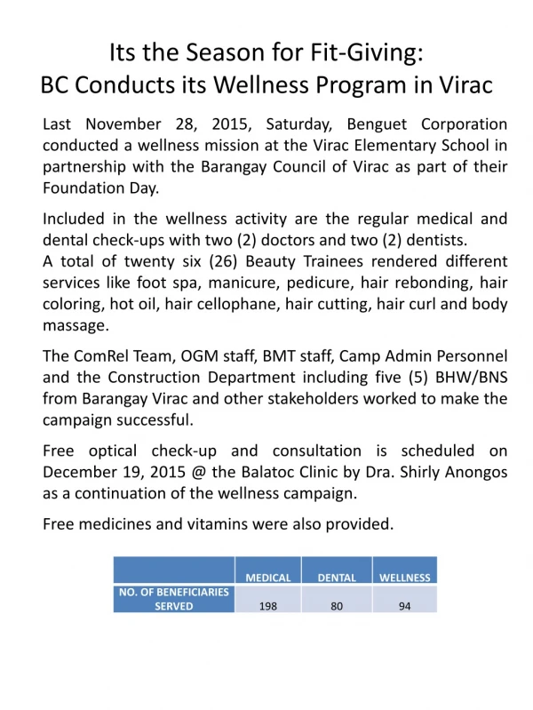 Its the Season for Fit-Giving: BC Conducts its Wellness Program in Virac