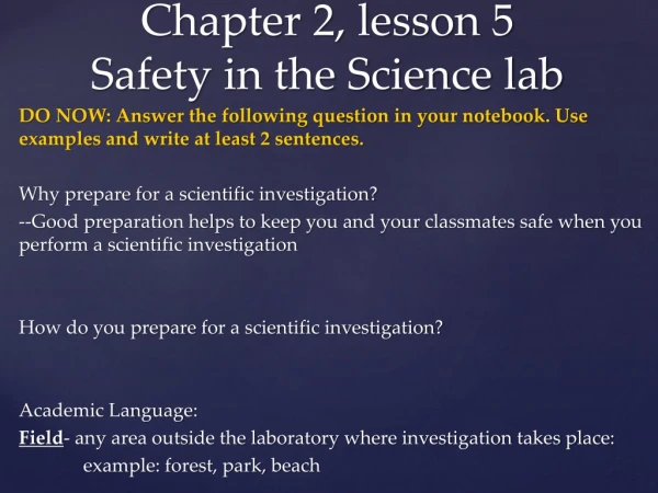 Chapter 2, lesson 5 Safety in the Science lab