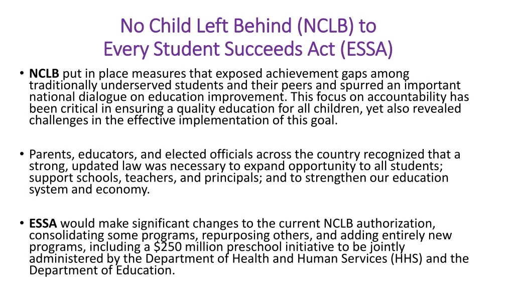 no child left behind nclb to every student succeeds act essa