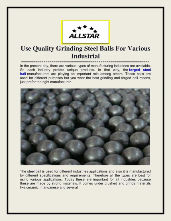 Use Quality Grinding Steel Balls For Various Industrial