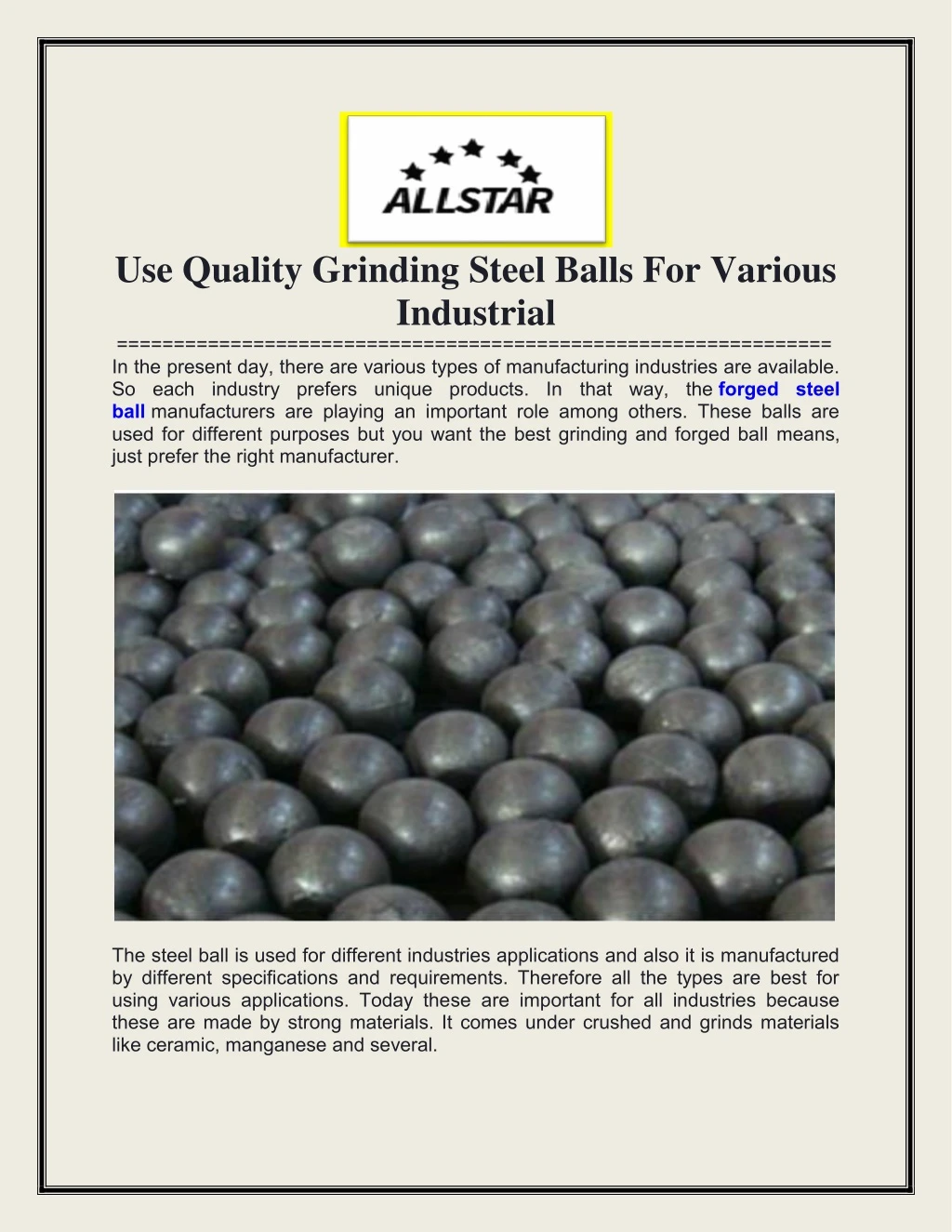 use quality grinding steel balls for various