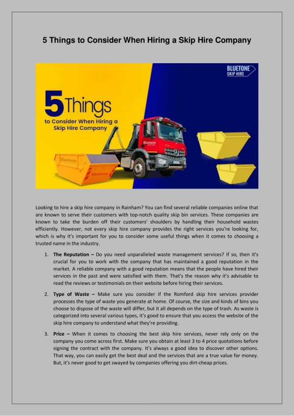 5 things to consider when hiring a skip hire