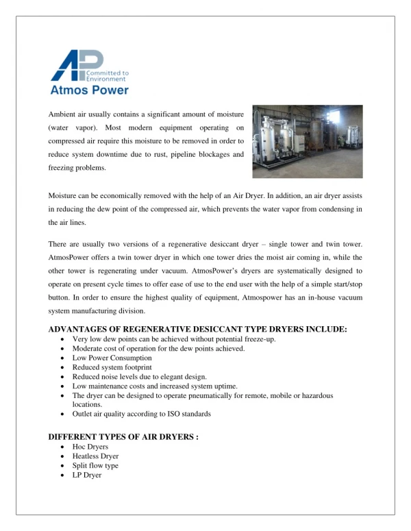 Air Dryer, Compressed Air Dryer, Industrial Air Dryer, Desiccant Dryer - Atmos Power Pvt. Ltd