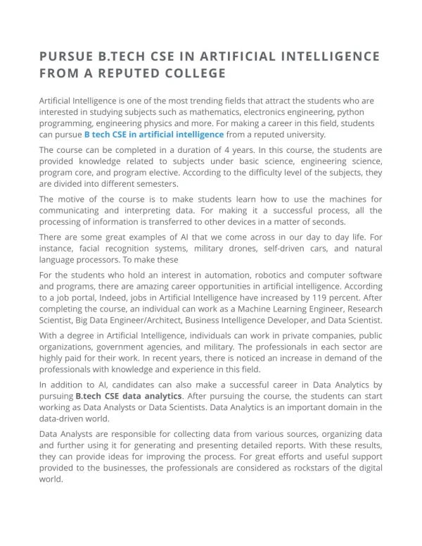 pursue b tech cse in artificial intelligence from