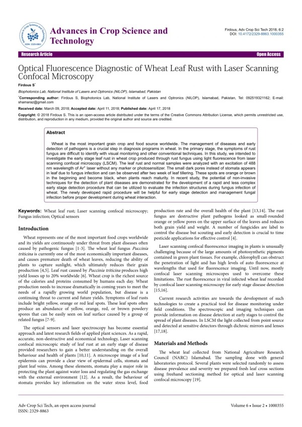 Optical Fluorescence Diagnostic of Wheat Leaf Rust with Laser Scanning Confocal Microscopy