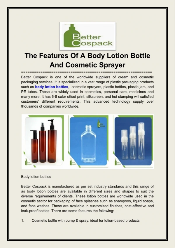 The Features Of A Body Lotion Bottle And Cosmetic Sprayer