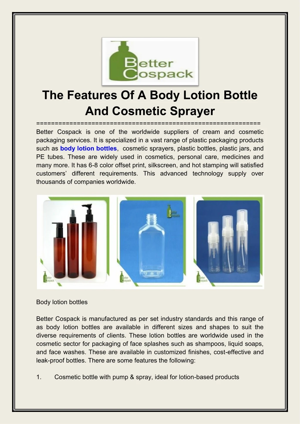 the features of a body lotion bottle and cosmetic
