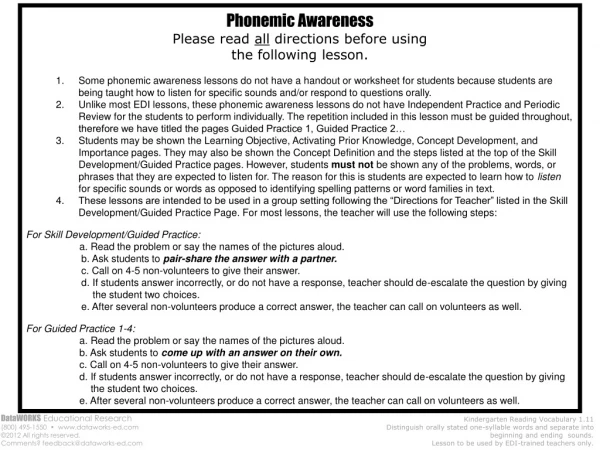 Phonemic Awareness Please read all directions before using the following lesson.