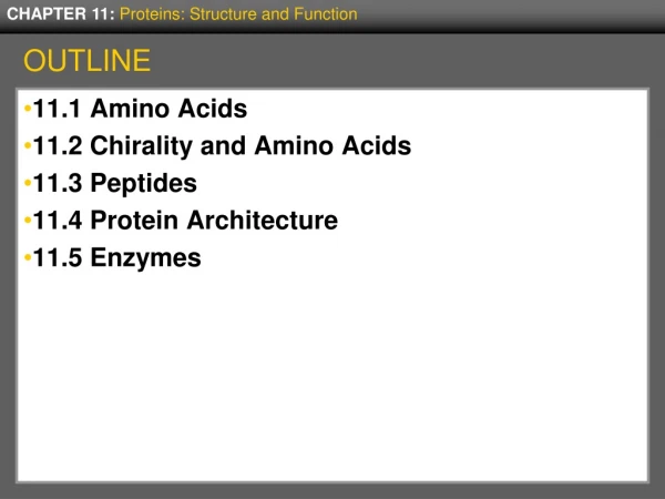 11.1 Amino Acids 11.2 Chirality and Amino Acids 11.3 Peptides 11.4 Protein Architecture