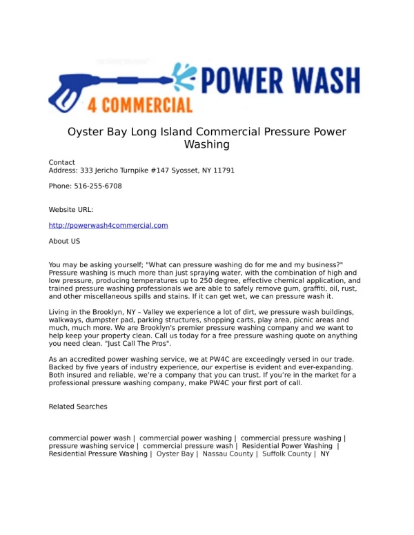 Oyster Bay Long Island Commercial Pressure Power Washing