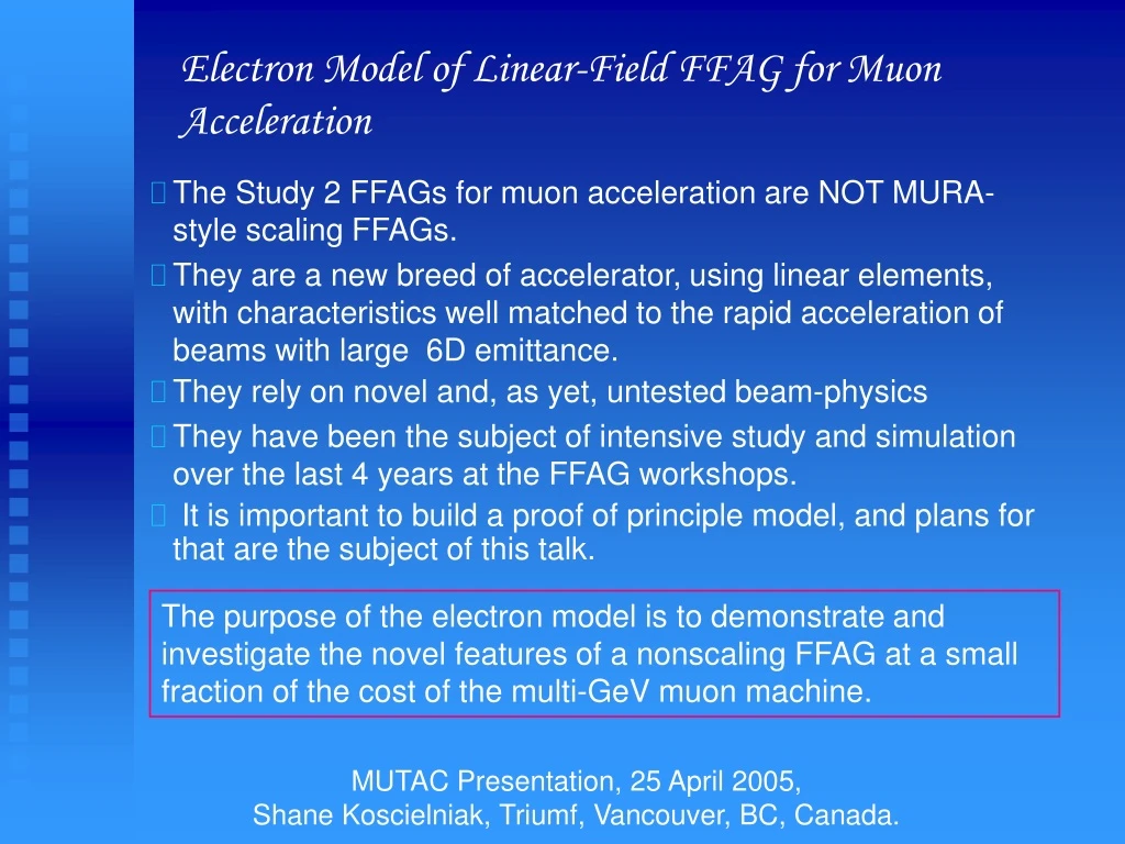 electron model of linear field ffag for muon
