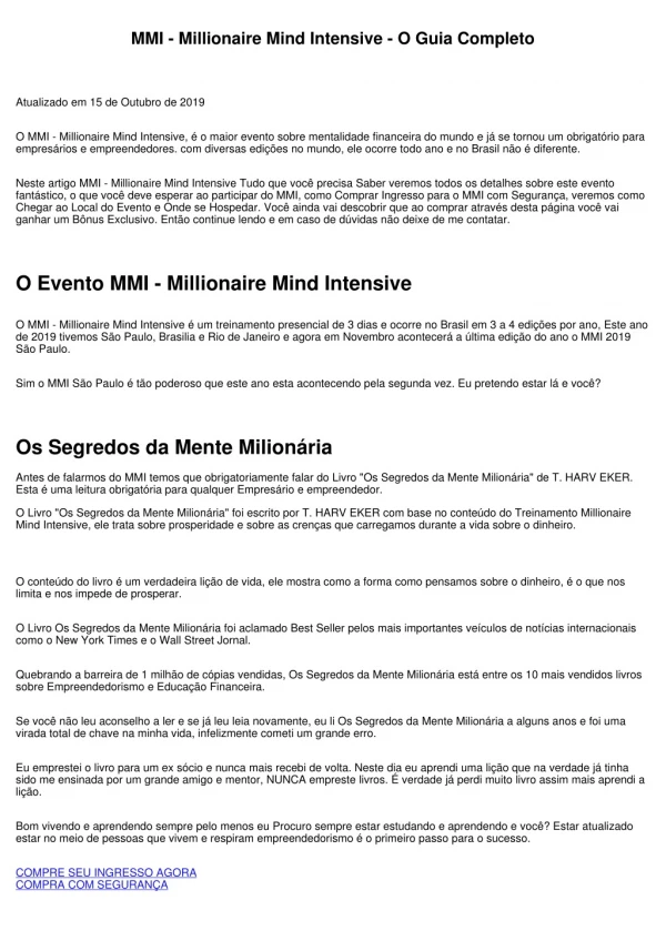 MMI - Millionaire Mind Intensive - O Guia Completo