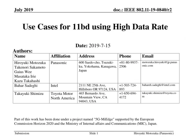 Use Cases for 11bd using High Data Rate