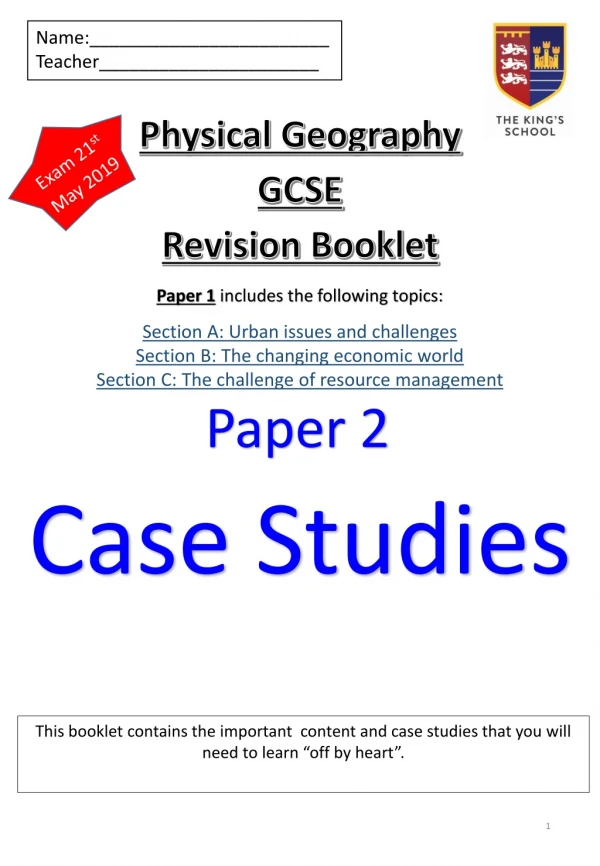 Physical Geography GCSE Revision Booklet Paper 1 includes the following topics: