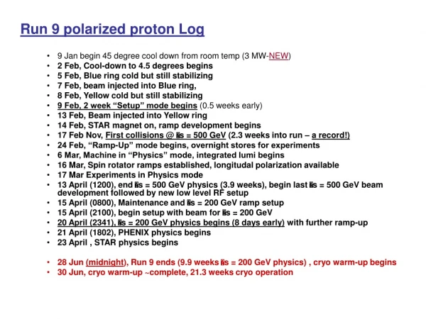 Run 9 polarized proton Log 9 Jan begin 45 degree cool down from room temp (3 MW- NEW )