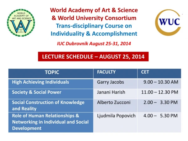 LECTURE SCHEDULE – AUGUST 25, 2014