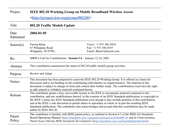 802.20 Traffic Models Update