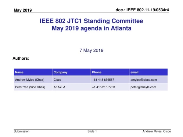 IEEE 802 JTC1 Standing Committee May 2019 agenda in Atlanta
