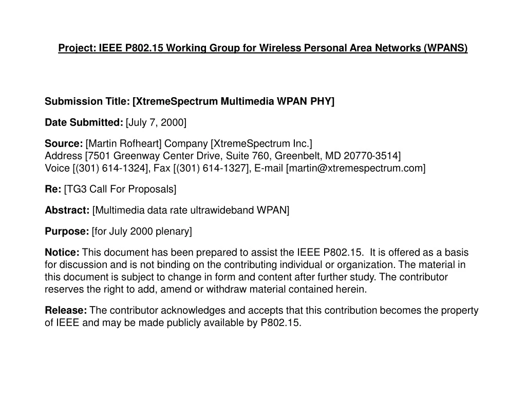 project ieee p802 15 working group for wireless personal area networks wpans