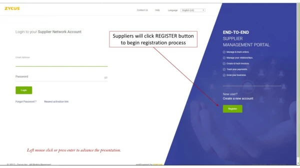 Suppliers will click REGISTER button to begin registration process