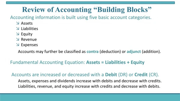 Accounting information is built using five basic account categories.