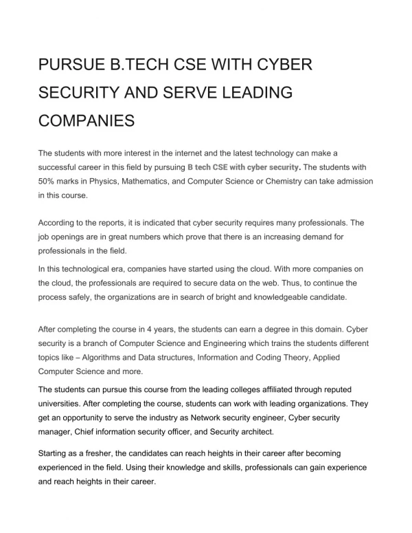 pursue b tech cse with cyber security and serve