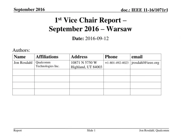 1 st Vice Chair Report – September 2016 – Warsaw