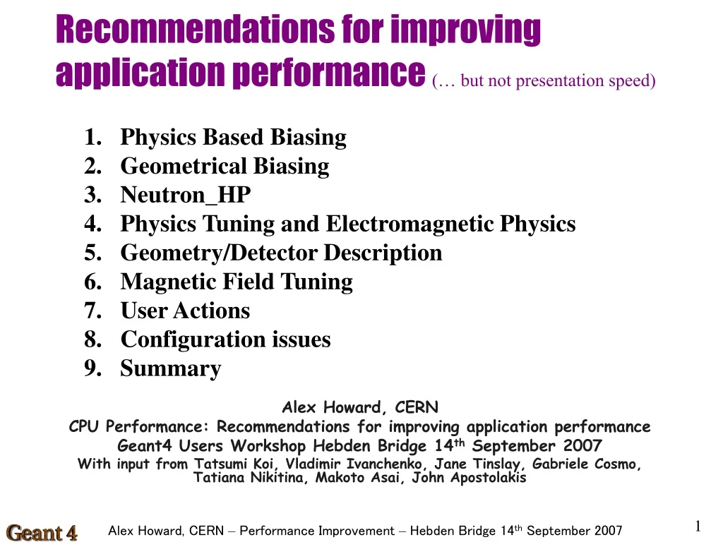 recommendations for improving application performance but not presentation speed