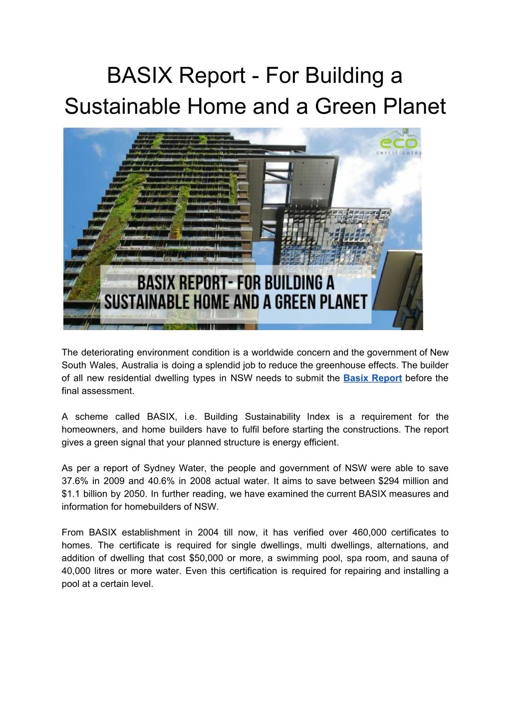 basix report for building a sustainable home