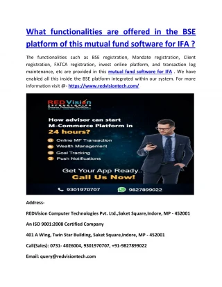 What functionalities are offered in the BSE platform of this mutual fund software for IFA ? - slide 1