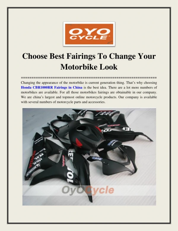 Choose Best Fairings To Change Your Motorbike Look