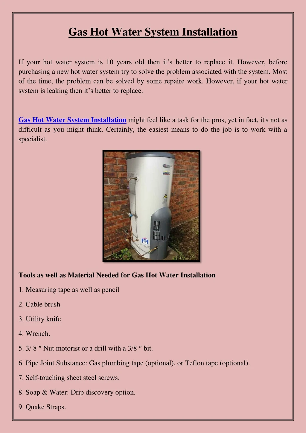 gas hot water system installation