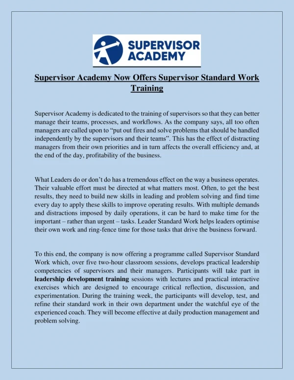 Supervisor Academy Now Offers Supervisor Standard Work Training