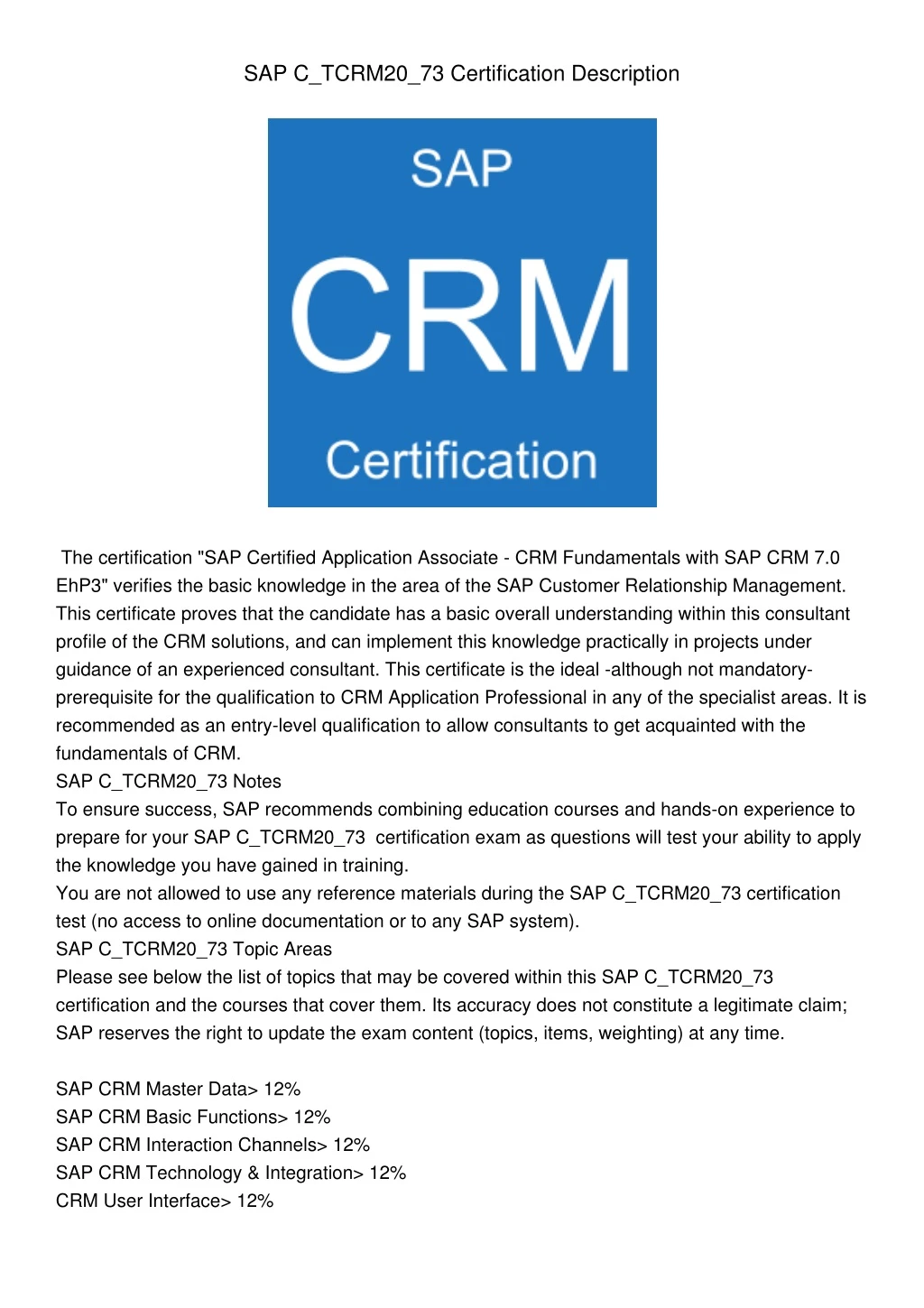 sap c tcrm20 73 certification description