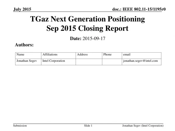 TGaz Next Generation Positioning Sep 2015 Closing Report