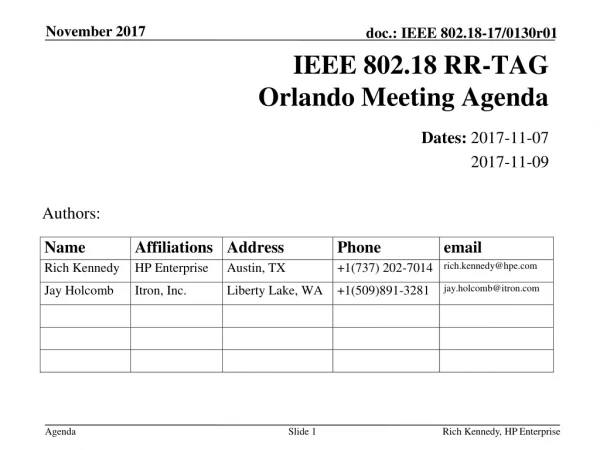 IEEE 802.18 RR-TAG Orlando Meeting Agenda