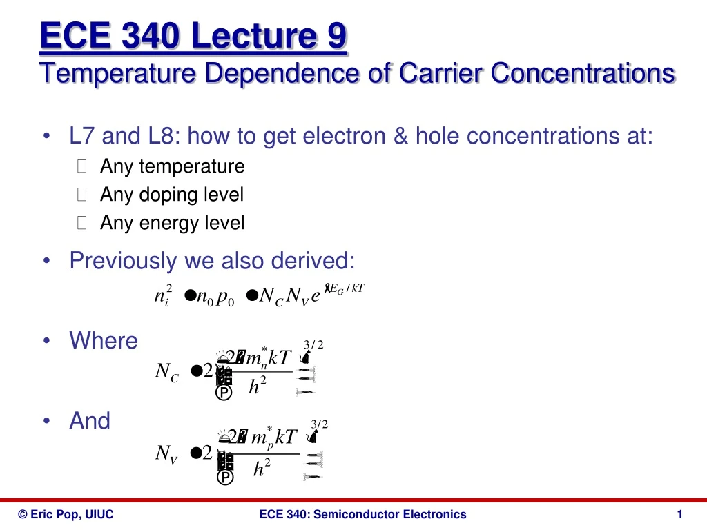 ece 340 lecture 9 temperature dependence of carrier concentrations