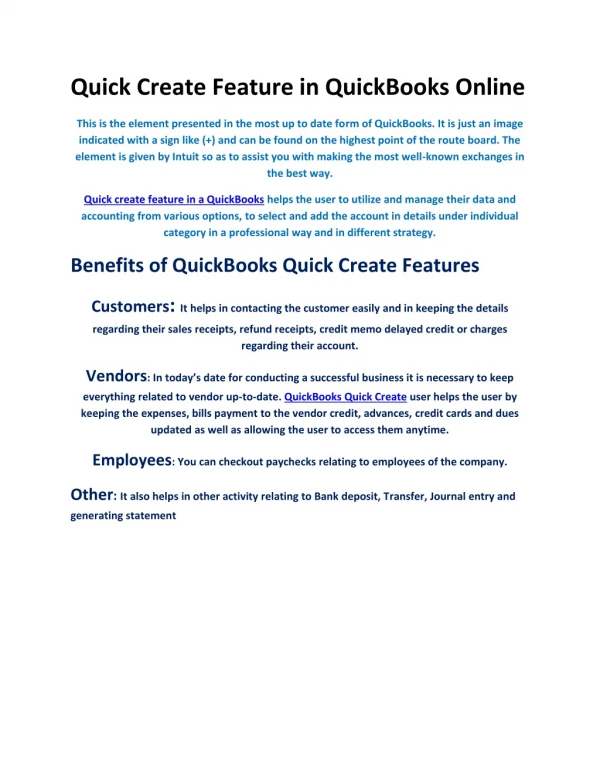 Quick create feature in QuickBooks online