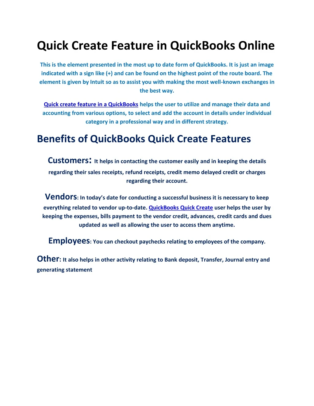 quick create feature in quickbooks online