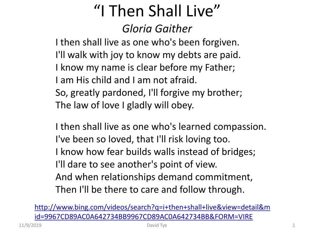 i then shall live gloria gaither